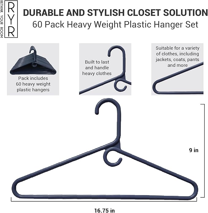 Clothes Hangers 60 Pack Plastic - Heavy Duty Space Saving Coat, Velvet Hangers, Pant Hangers for Closet Organization - Durable Non-Slip Navy Wardrobe Essentials Bulk Storage