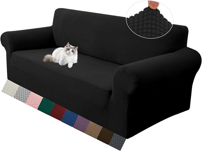 LURKA Stretch Loveseat Sofa Slipcovers 1 Piece Couch Covers for Sofa Furniture Protector Full Sofa Covers with Elastic Bottom for Kids and Dog (Medium, Black)