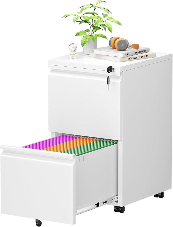 Greenvelly 2 Drawer Mobile File Cabinet with Lock, Metal Filing Cabinet on Wheels, Under Desk File Cabinet for Home Office Organizer Letter/Legal/A4 File (Assembly Required, White)