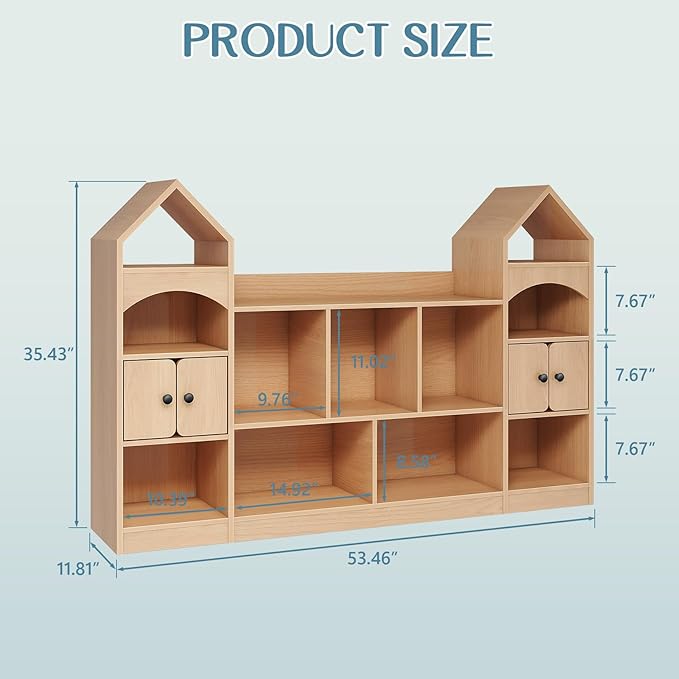 Vabches Kids Bookcase and Toy Storage Organizer, Children Bookshelf, Castle Shape, Playroom Furniture Multipurpose Shelf for Toddlers to Organize Toys and Books Magic Castle, Oak
