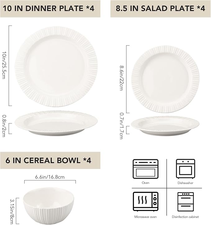 MDZF SWEET HOME 12-Piece White Ceramic Dinnerware Set - Rhine Series, Service for 4, Includes Bowls, Flat & Deep Plates, Microwave & Dishwasher Safe