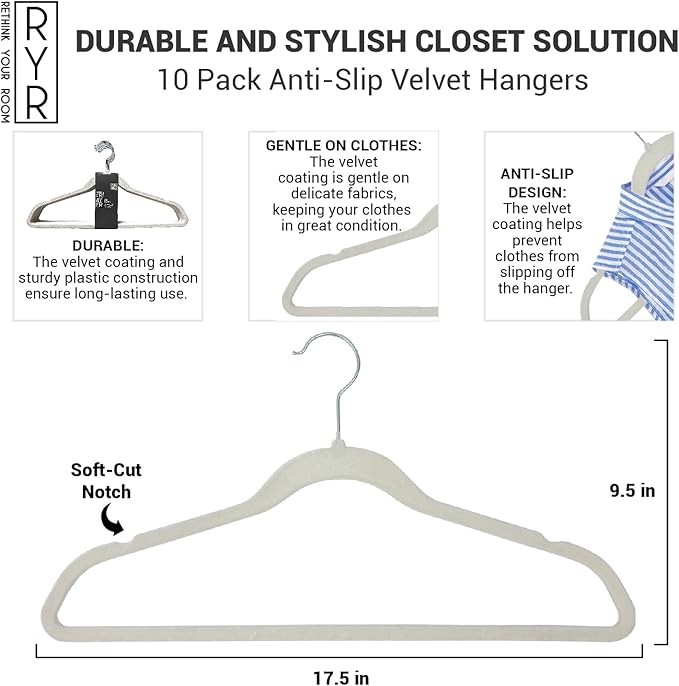 10 Pack Velvet Hangers - Non-Slip and Space-Saving Closet Organizers - Durable Soft-Touch, White Hangers for Clothes, Coats, and Wardrobe Essentials Luxury, Ganchos De Ropa, Gift