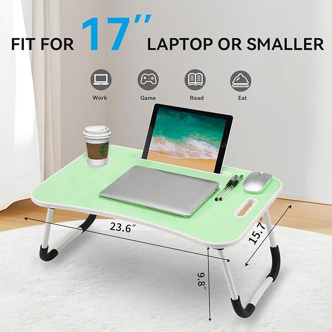 BUYIFY Folding Lap Desk, 23 Inch Portable Wood Green Laptop Bed Desk Lap Desk with Cup Holder, for Working Reading Writing, Eating, Watching Movies for Bed Sofa Couch Floor