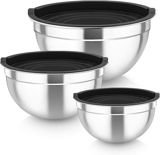 TeamFar Mixing Bowls, 4.6/3 / 1.5 QT, Stainless Steel Nesting Salad Bowls with Airtight Lids Set, For Serving/Mixing/Storing, Healthy & Long-lasting, Dishwasher Safe & Easy Clean, Black