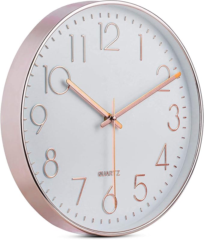Bernhard Products Rose Gold Wall Clock 12 Inch Silent Non-Ticking Quality Quartz Battery Operated Easy to Read Decorative Modern Design for Home/Office/Kitchen/Bedroom/Living Room (Rose Gold)