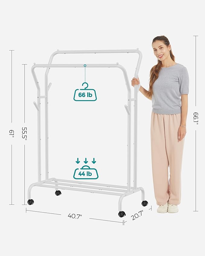 SONGMICS Clothes Rack, Double-Rod Clothing Rack for Hanging Clothes with Wheels, Garment Rack, Metal Frame, 220 lb Max. Total Load, 40.7 Inches Wide, Clothes Storage and Display, White UHSR107W01