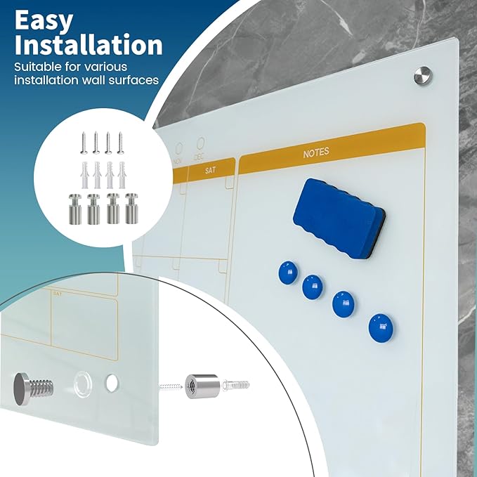 Magnetic Glass Whiteboard Calendar 48"x36" Glass Dry Erase Calender Board 36"x48" Monthly Plan White GlassBoard Wall Mounted for Office School Home (White)