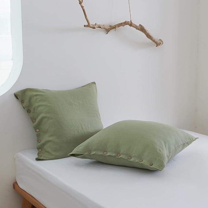 Simple&Opulence 100% Washed Linen Euro Sham Cover, 26 x 26 Inch, Decorative Bed Pillow Cover with Coconut Button, Solid Color Pillow Shams Set of 2 (Sage Green)