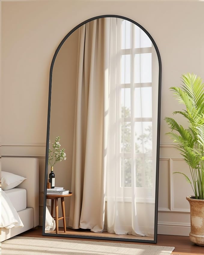 Full Length Mirror with Stand, 76"x44" Arched Full Body Mirror, Large Stand Up Mirrors, Aluminum Frame Floor Standing Mirrors, Freestanding Hanging Leaning Mounted for Bedroom Living Room Black