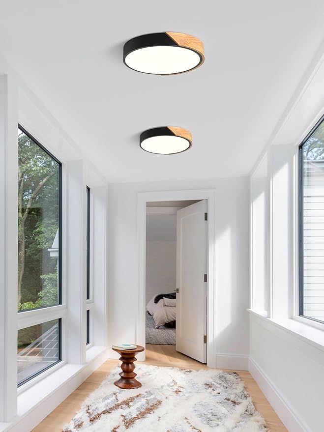 Modern Dimmable Black Flush Mount Ceiling Light Wood Close to Ceiling Lights for Bedroom Round Ceiling Lamp Lighting Fixture for Hallway Kitchen Laundry Room(11.8in)