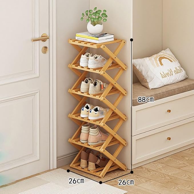 YYW Bamboo Shoe Rack for Entryway,Installation-Free and Foldable Vertical Shoe Storage Organizer,Free Standing Shoe Racks Shelf Closet Shoe Organizer for Living Room (Nature-6 Layers)