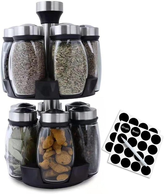 Revolving Spice Rack Organizer Storage for kitchen, Spice Stand Holder, Spinning Countertop Herb and Spice Rack Organizer with 12 Glass Jar Bottles Set