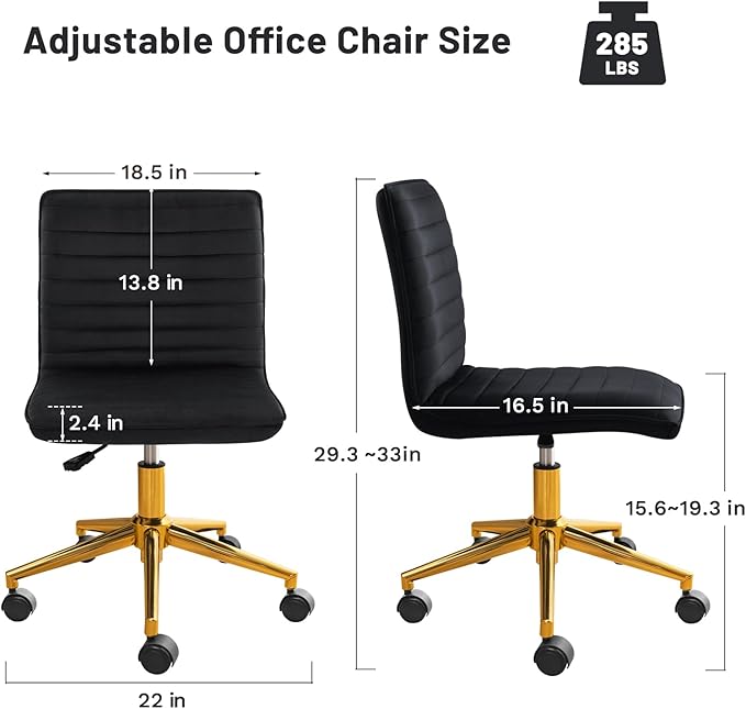 Furniliving Home Office Desk Chair, Armless Vanity Chair with Wheels Soft Velvet Adjustable Height, Comfy Computer Rolling Chairs with Gold Metal Base Stool,Black
