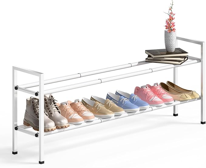 Bumusty 2-Tier Long Expandable Shoe Rack for Closet, 18"-44" Adjustable Shoe Rack for Entryway, 10-12 Pairs Large Shoe Organizer Shelf Storage, Sturdy Metal, White