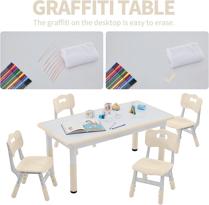 Toddler Table and Chairs Set for 4, 47.2''L x 23.6''W Kids Study Table and Chair Set, Height-Adjustable, Graffiti Desktop, Children Activity Table for Daycare, Classroom, Home