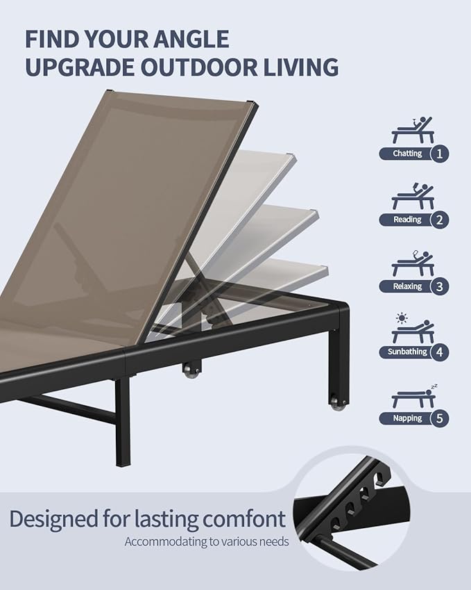 Aluminum Lounge Chairs Outdoor Chaise Furniture,2 Sets Patio Metal Deck Lounger Adjustable 5-Position Poolside Chase Recliner with Wheels for Beach,Coffee Table, (Khaki, 1 Chair)