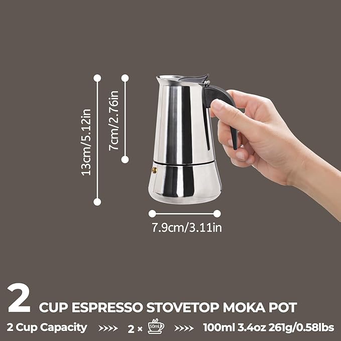 2 Cup 100ml Moka Pot Stainless Steel Espresso Coffee Maker Stovetop Percolator Coffeemaker Italian Classic Style Brewing Greca Cafe Mocha Machine for Cafeteras Lover Camping Travel and Home Use 3.3oz