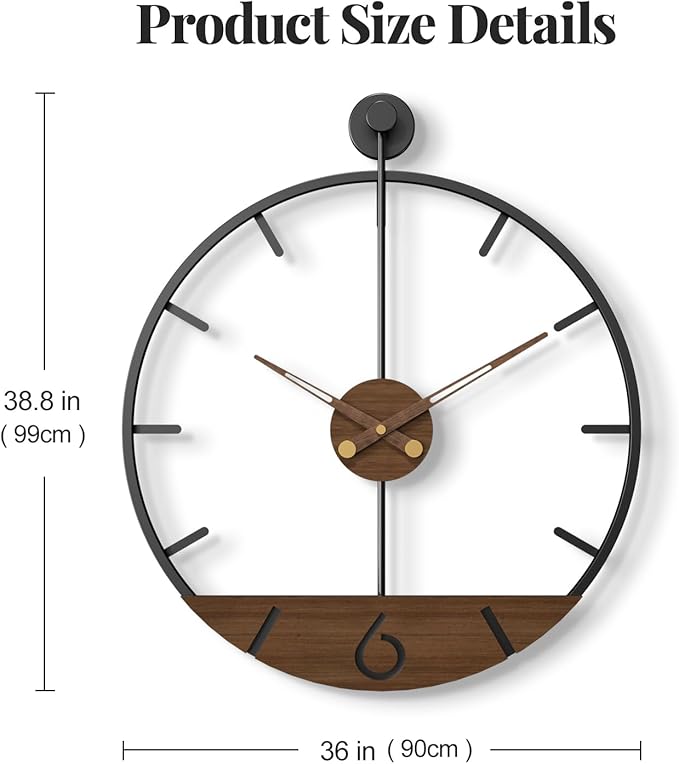 Extra Large Wall Clock 36 Inch Modern Black Metal Clock with Walnut Wood Dial, Silent Non-Ticking Oversized Decorative Battery Powered Big Clock for Living Room, Kitchen, Office, Bedroom
