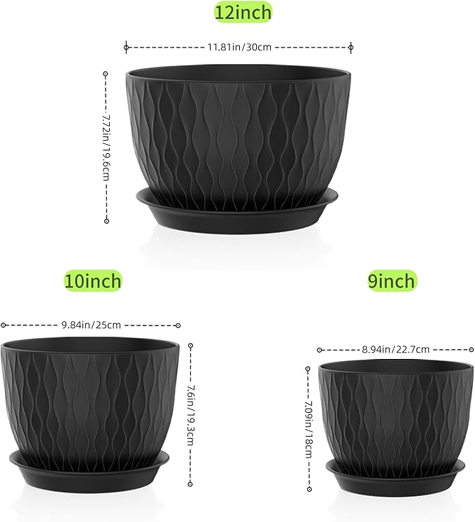 12/10/9 Inch Plant Pots, 3 Pack Large Flower Pots for Indoor and Outdoor Plants with Water Ripples, Large Plastic Flower Pots with Drainage Holes and Tray for Garden Indoor Plants