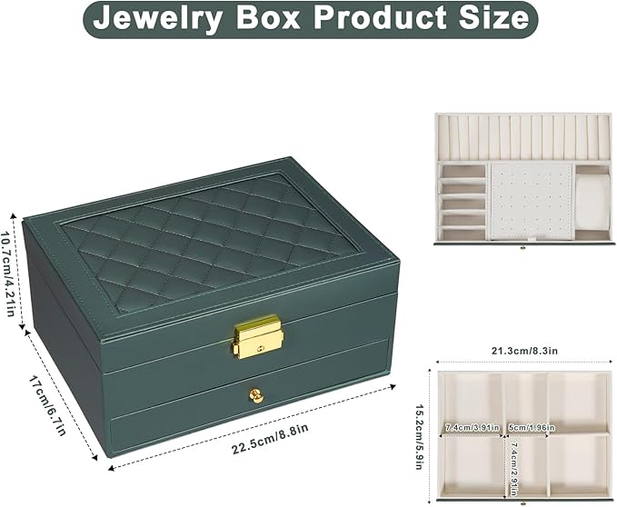 Jewelry Box for Women Girl Wife - Large PU Leather Jewelry Organizer Storage Case with Two Layers Display for Earrings Bracelets Rings Watches (Hunter Green)