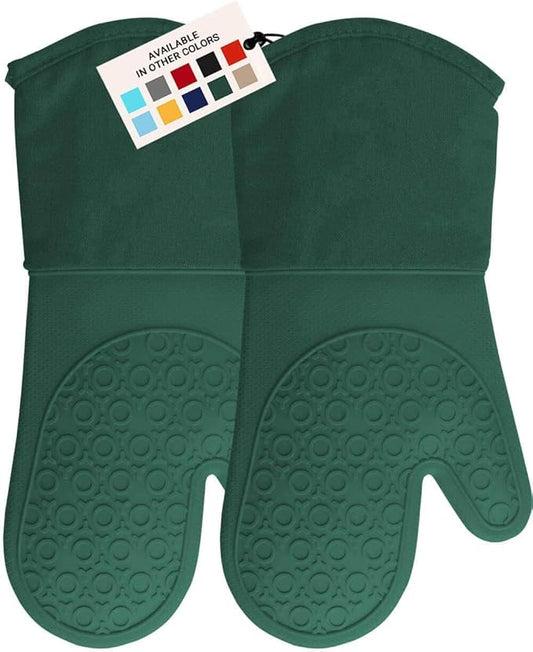 BPA-Free Silicone Oven Mitts Ultra Heat Resistant up to 500°F - Oven Mitts with Thick Cotton Liner - Long Slip Resistant Pot Holders, Flexible Oven Gloves - Green 13.7
