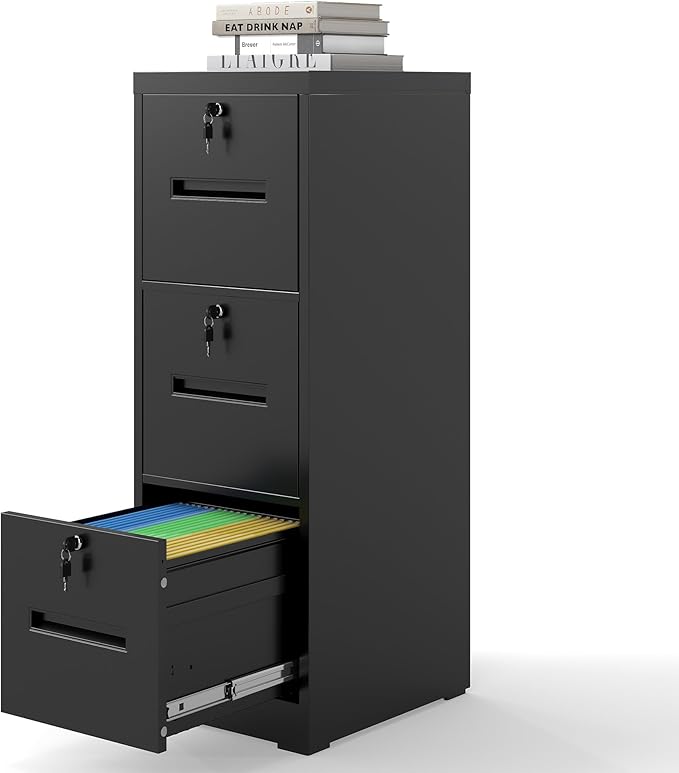 3 Drawer File Cabinet with 3 Individual Locks, Vertical Metal Filing Cabinet Home Office Narrow Locking File Cabinets for A4/Legal/Letter File Folders, Anti-Tilt Design, Need Assemble (Black)