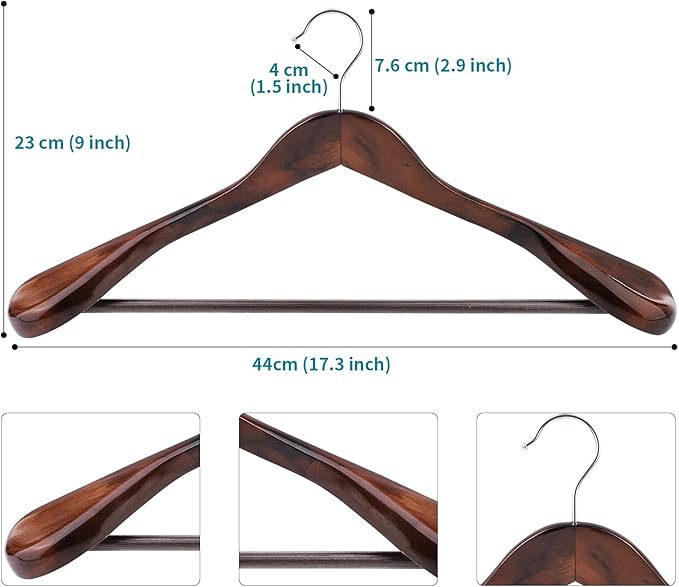 Solid Wood Suit Hangers, 10 Pack, Coat Hangers with Non Slip Trouser Bar, 360° Swivel Hook, Heavy Duty Wide Hangers for Suit, Coat, Jacket, Trousers, Pants,17.3" W x 9", Dark Walnut AWY0410H