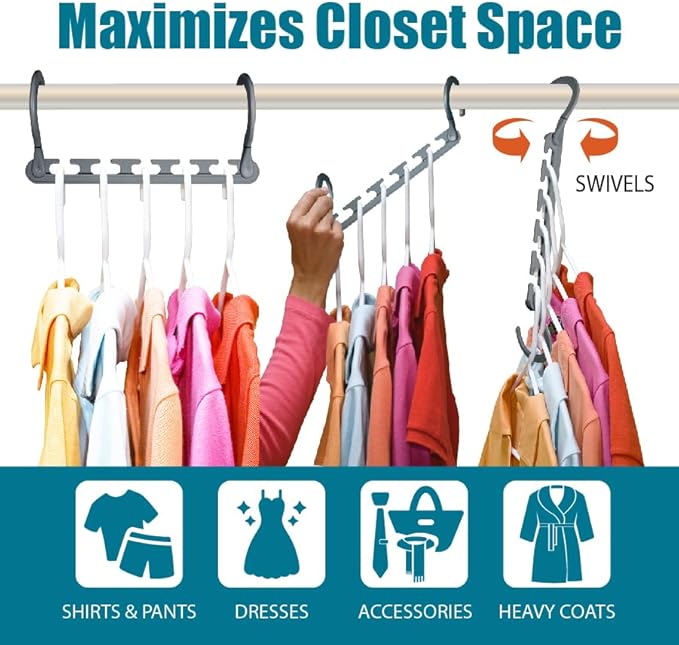 Wonder Hanger Max 10-Pack Space Saving Hangers, Reinforced Hooks Swivels 360°, Cascading Hanger, College Dorms & Storage Closet Organizer, Fully Assembled – Grey