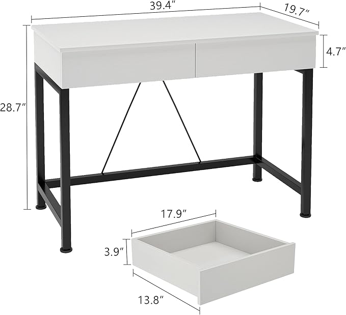 Mexin Small White Desk with 2 Wooden Drawers, 40 Inch Home Office Writing Desk, White Vanity Desk with Storage, Computer Desk for Bedroom Small Spaces, Table for Office, Work, Kids Study, Makeup
