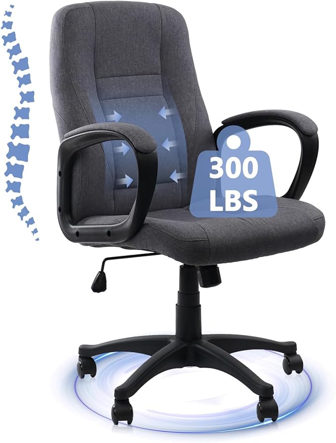 CLATINA Grey Fabric Office Chair Breathable Executive Desk Chairs, Cloth Comfortable Ergonomic Adjustable Height Mid Back Swivel Rolling Computer Task Chair for Home Office, Conference, Study, Work