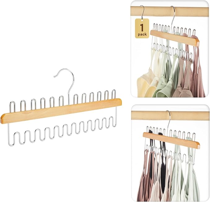 HOUSE DAY Closet Organizers and Storage, Tank Top Hangers, Rotatable Bra Organzier for Closet, Max 24 Storage Capacity Sport Bra Holder, Wood Space Saving Hanger 1 Pack - Dorm Room Essentials