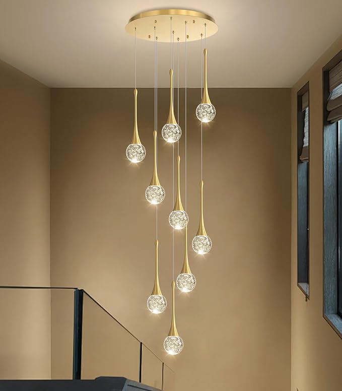 9 Light Modern Glam Crystal Chandelier for High Ceiling LED Dimmable Ceiling Pendant Light Staircase Foyer Enterway Living Room Chandelier Lighting Antique Gold