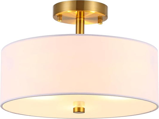 13" Semi Flush Mount Ceiling Light Fixture, 3-Light Gold Drum Light Fixture, Modern Close to Ceiling Light with White Fabric Shade Lamps for Bedroom Living Room Kitchen Hallway Entryway