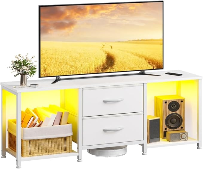 White TV Stand with LED for TVs up to 55 Inch, Coffee Table with 2 Fabric Drawers and 2 Open Storage Shelves, Entertainment Center TV Console for Living Room, Bedroom, Wood Top, Metal Frame