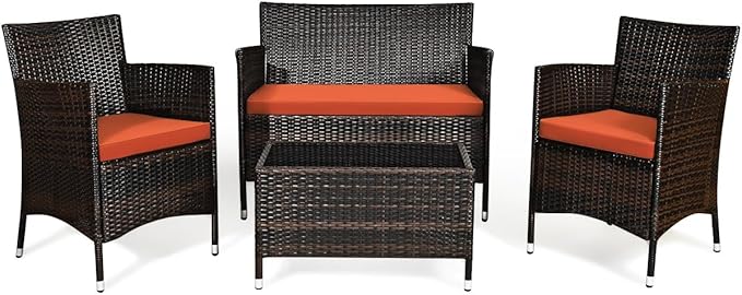 Goplus 4-Piece Rattan Patio Set, Outdoor/Indoor Wicker Conversation Set for Pool, Backyard, Lawn, Wicker Chairs and Sofa with Soft Cushion, Rattan Furniture with Tempered Glass Coffee Table