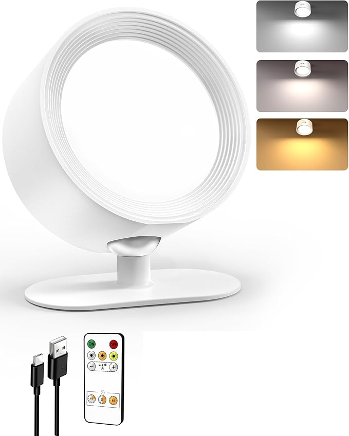 LED Wall Mounted Lights, Rechargeable Wall Sconces Lamp, 3 Color Temps & Remote and Touch, 360°Rotation Dimmable Cordless Wall Light for Study Bedroom Reading Bedside(White, 1 Pack)