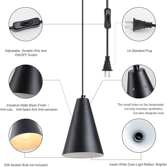 Black Plug In Pendant Light,Hanging Lights With Plug In Cord On/Off Switch, Mini Pendant Lights for Kitchen Island,Modern Farmhouse Pendant Light Fixture with Metal Shade,Hanging Lamps for Bedroom