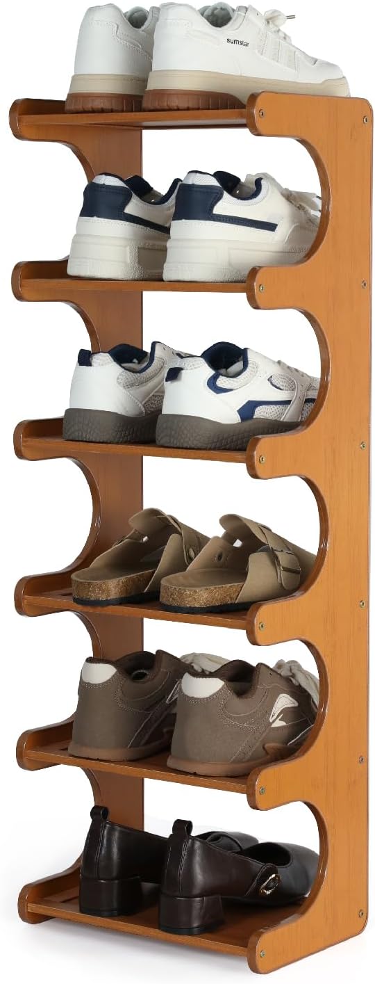 Multi-Tier Bamboo Shoe Rack, 30cm Narrow Standing Shoe Organizer for Closet Entrance, Space Saving Shoe Shelf, Sturdy Shoe Stand for Men and Women(6Layers)
