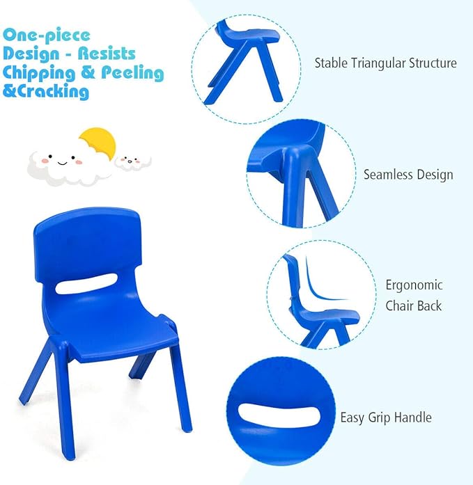 Costzon Plastic Stackable School Chairs, 6 Pack, Kids Learning Chairs with 11 inch Seat Height, Carrying Handle, Waterproof Children Chairs for Playrooms, Schools, Daycares and Home (6 Pack, Blue)