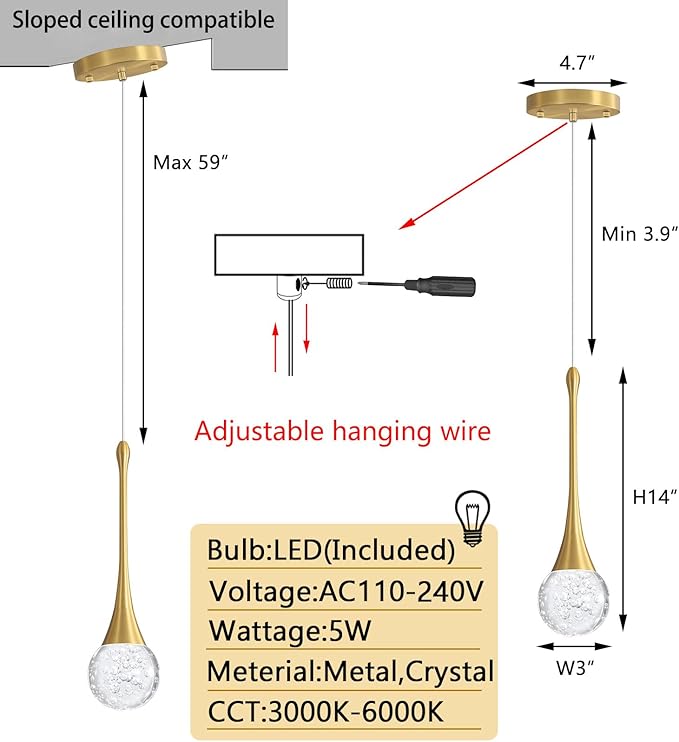 Modern Pendant Lights for Kitchen Island LED Dimmable Crystal Glam Ceiling Pendant Lighting for Dining Room Hallway Bedroom Corner Lamp Antique Gold