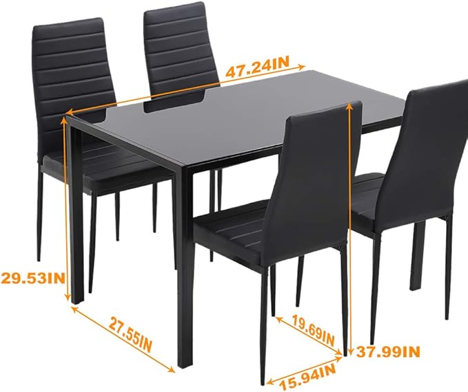 PayLessHere Dining Room Table Set 5-Piece Kitchen with 4 Faux Leather Metal Frame Chairs Rectangular Modern for Small Spaces w/Glass Tabletop Kitchen Table and Chairs, Black Glass