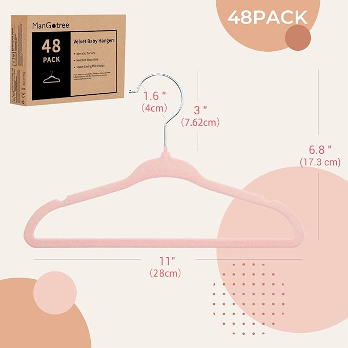 ManGotree 11" Baby Velvet Hangers, Non-Slip Infant Coat Hangers, Ultra-Thin Toddler Felt Hanger with 360° Swivel Hook, Space Saving Children's Hanger for Kids Clothes, 48 Pack (Light Pink)