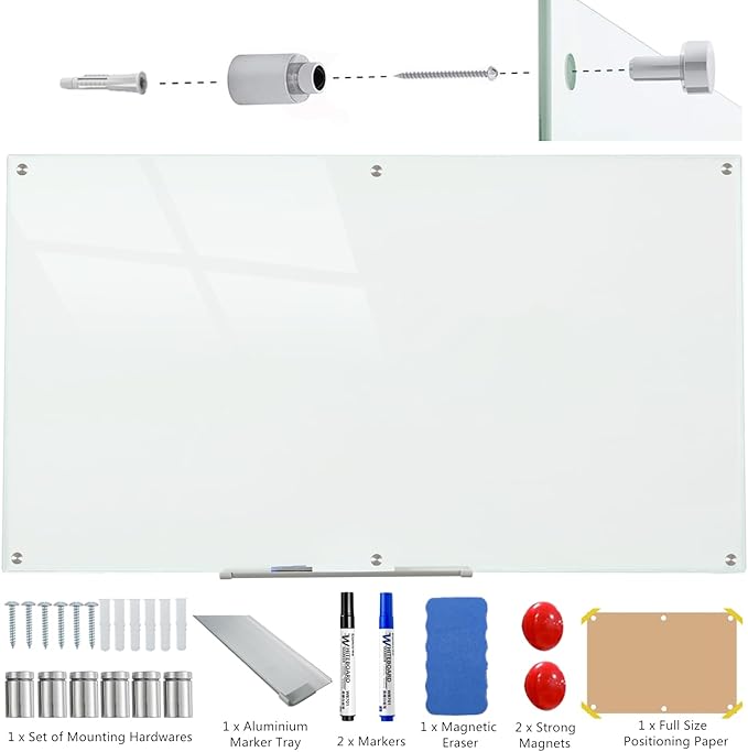 Glass Whiteboard Magnetic Dry Erase Board 6' x 4', Large Frameless Glass White Boards for Wall Office School Home.