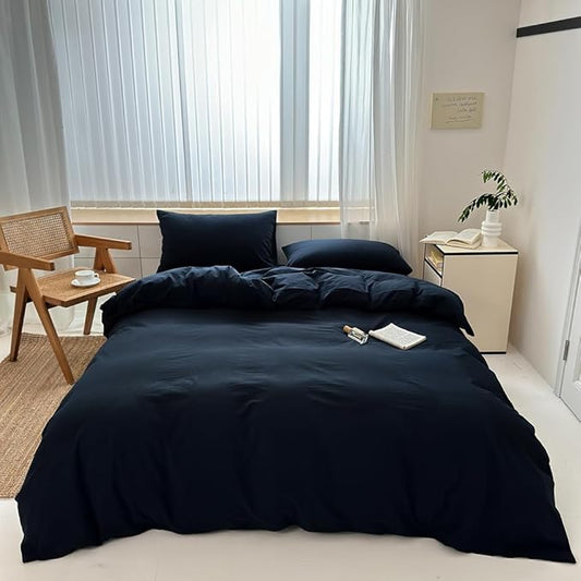 FACE TWO FACE Bedding Duvet Cover Set100% Washed Cotton Duvet Cover Linen Like Textured Breathable Durable Soft Comfy (Full, Tibetan Blue)