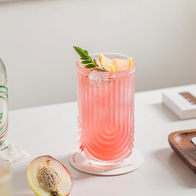 INSETLAN Vintage Glassware Arch Design Glass cups Set of 4, Fashioned Ripple Glassware Highball Glass, Classic Transparent Cocktail Glasses, for Bar Beverages Ice Coffee Juice Water (4pcs-S)