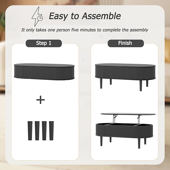 Ludatido 39 Inch Lift Top Coffee Table with 3 Storage for Living Room, Oval Coffee Table with Hidden Compartment, Fully Wooden Center Easy to Assembled for Home Living Room Office Black