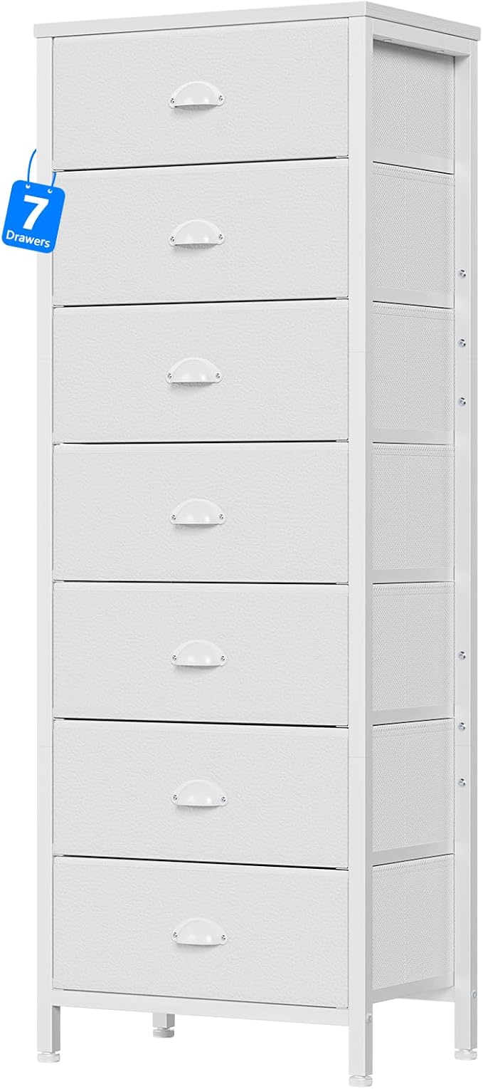 Furnulem White Tall Dresser for Bedroom with 7 Drawers, Vertical Chest of Drawer in Closet, Nightstand Storage Tower Unit Organizer with Fabric Bins for Dorm,Living Room,Entryway,Hallyway