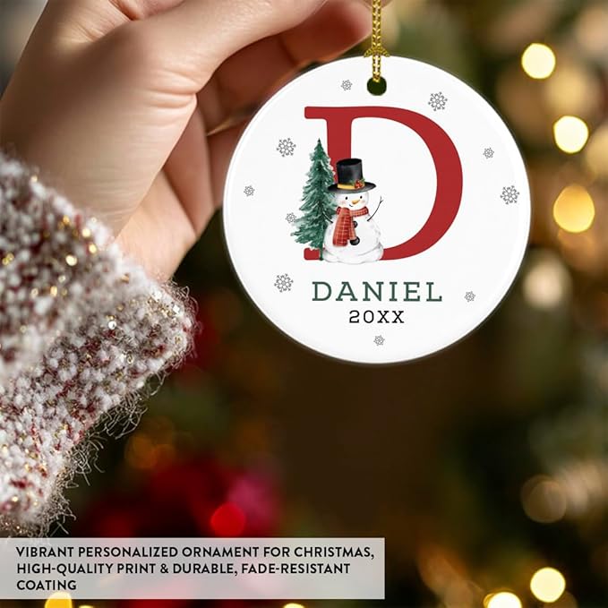 Andaz Press Personalized Ornament, Custom Name, Initial D Monogram Snowman 2.8" Ceramic Porcelain 2025 Christmas Ornament Keepsake for Kids, Boys, Girls, Includes Gold Ribbon & Gift Box, 1-Pack