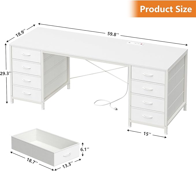 60 Inch Computer Desk with 8 Drawers, Home Office Desk with Power Outlets, Work Study Gaming Desk with 8 Fabric Drawers, White