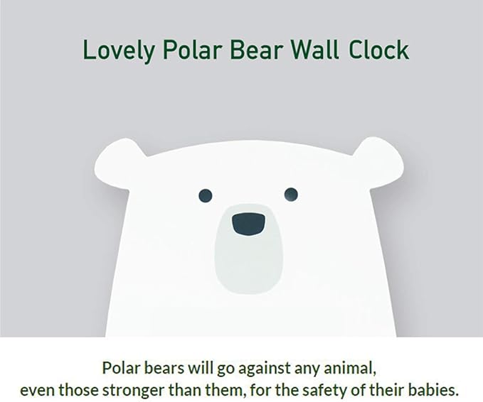 Silent Kids Wall Clock - Animal Wooden Clock for Home, Nursery, Office, Baby Room - Non-Ticking, Decorative, Cute (White Polar Bear)